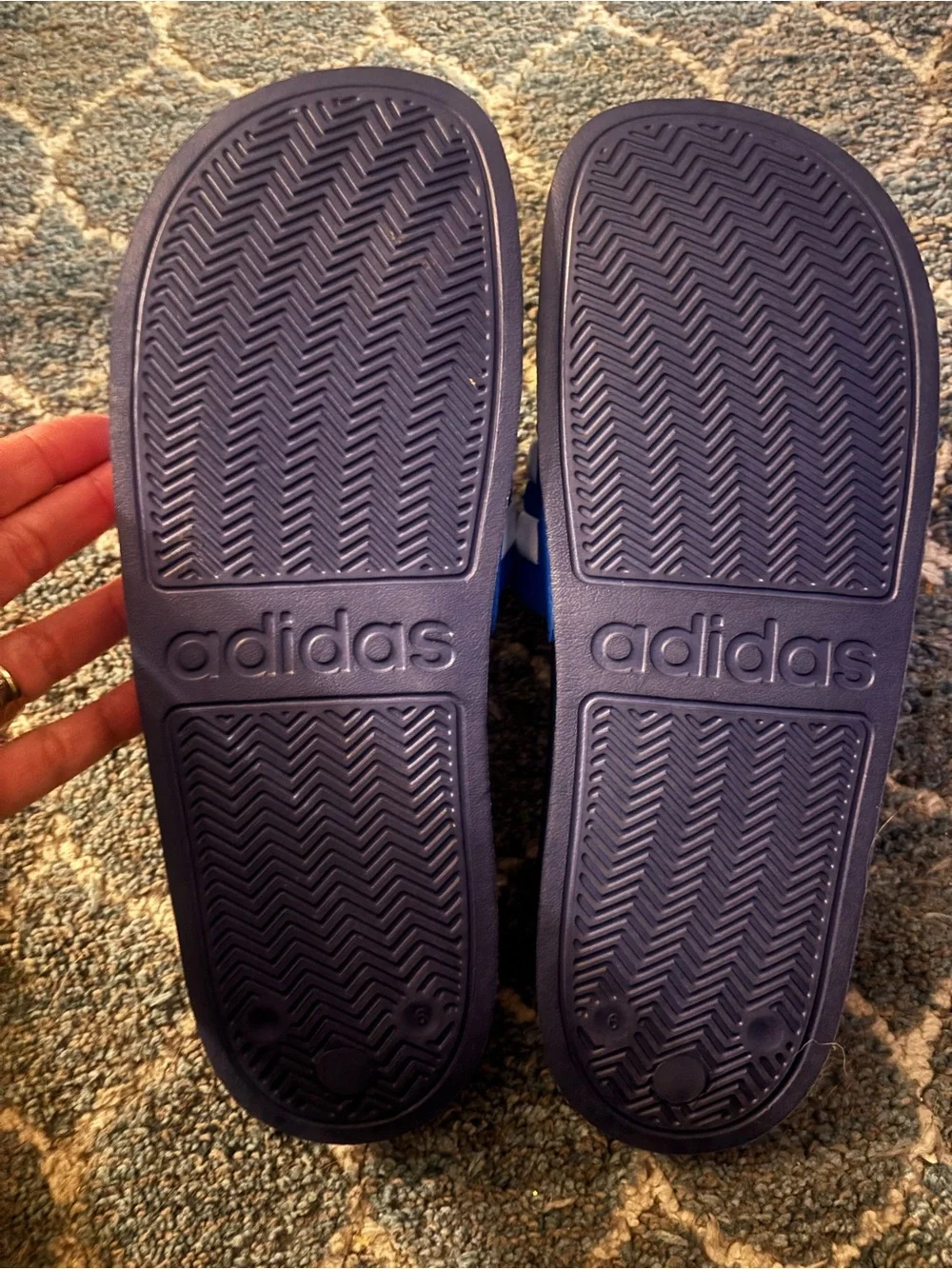 Men’s Adidas Blue & White Slide Sandals with Orange Logo